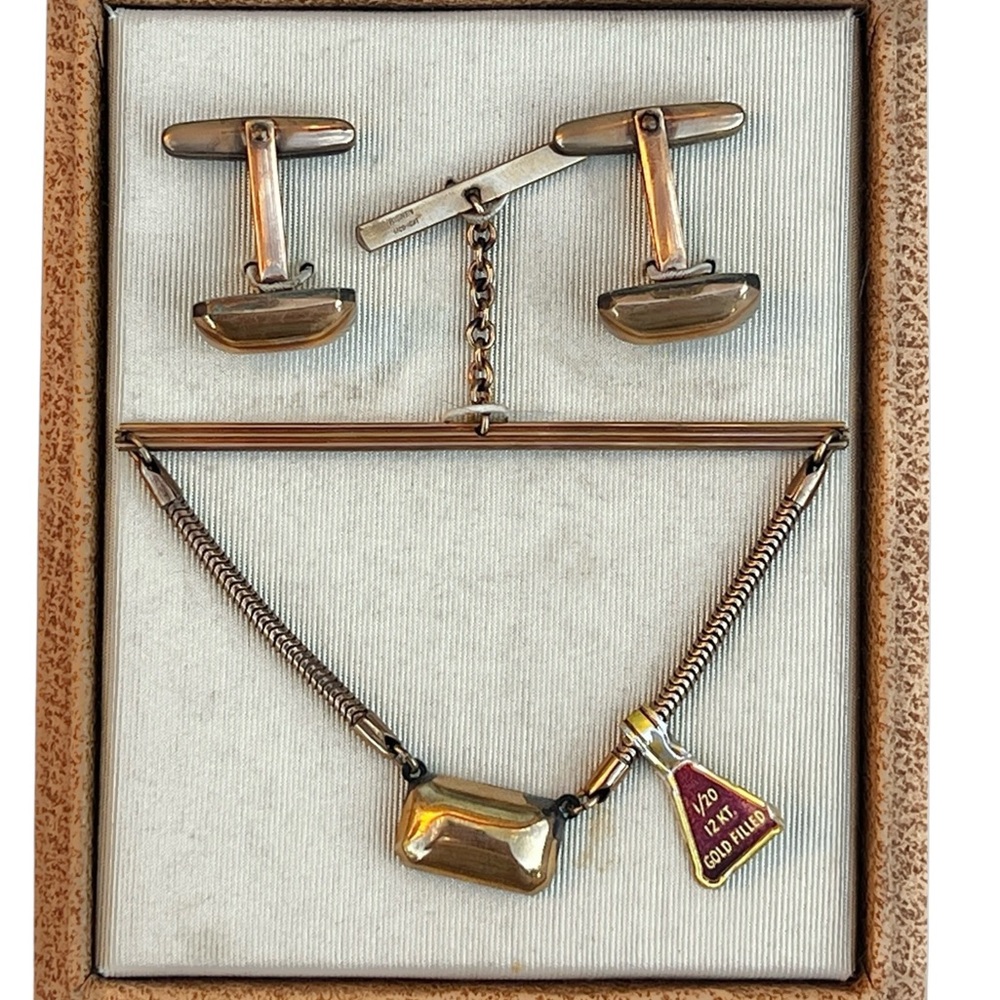 Bigney Tie Bar W/ Chain & Cufflinks gold filled 1/20 12KT VTG NRFB MCM Orig Box